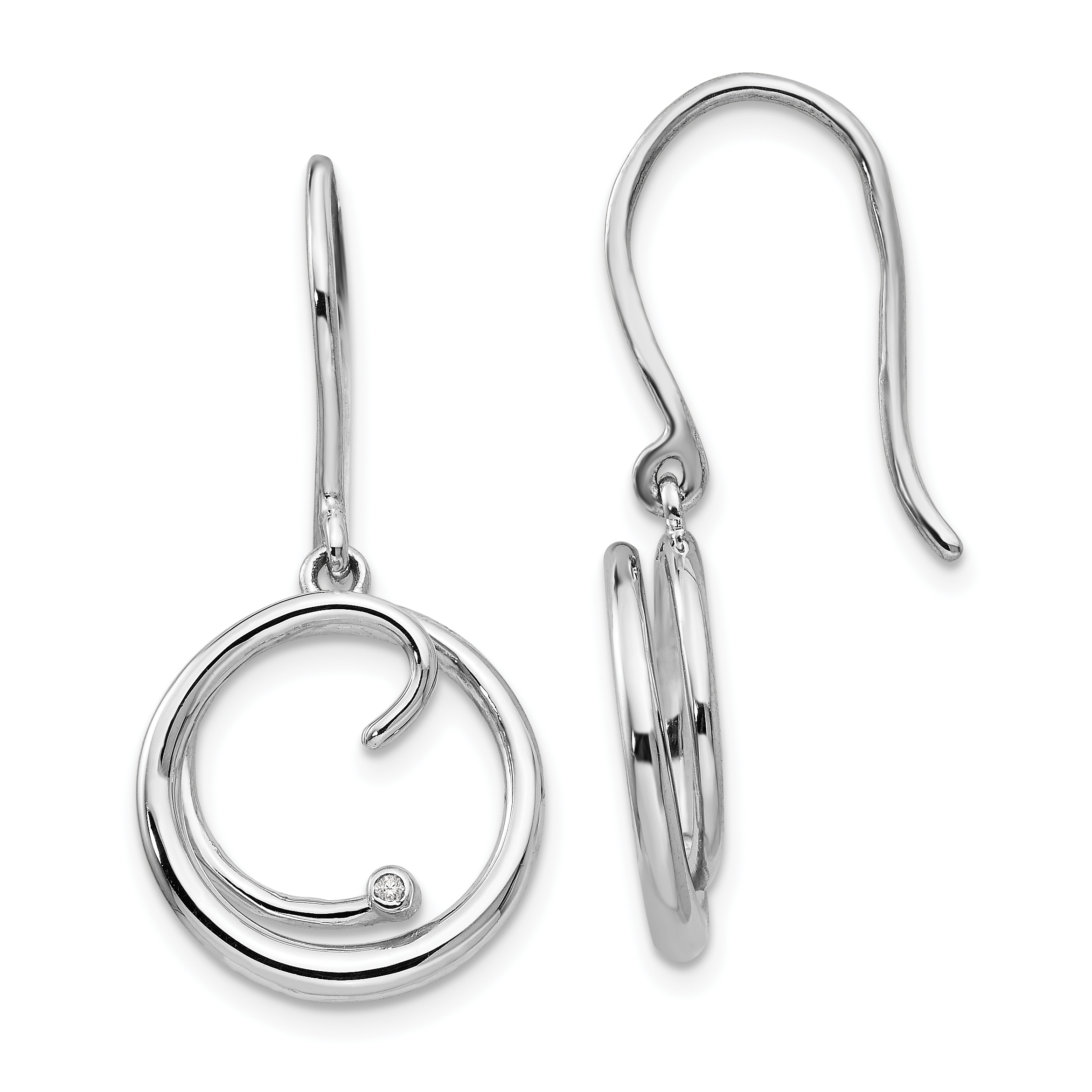 925 Sterling Silver Rhodium-Plated Diamond Swirl Shepherd Hook Dangle Earrings